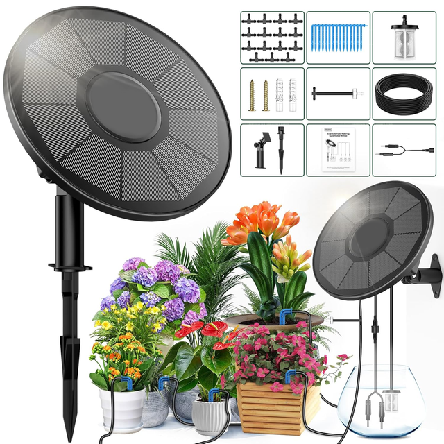 Solar Drip Irrigation System 2200mAh Battery Auto Watering 6 Modes for Potted Plants Kit