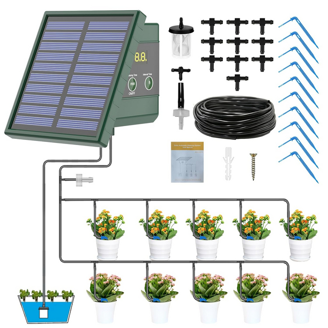 Solar Drip Irrigation System for Garden, 30 Timing Modes Automatic Drip Irrigation Kit Supports 10 Indoor and Outdoor Plants