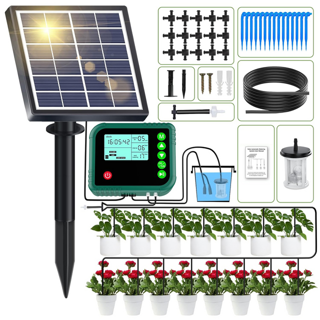 Automatic Outdoor Solar-Powered 15-Potted Plant Watering Kit with Programmable Drip Irrigation LED Display for Indoor Gardens