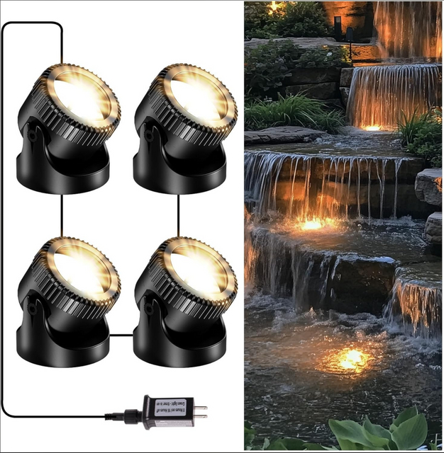 IP68 Waterproof 4-in-1 Warm White LED Underwater Pond Lights, 4 Head Lamps for Garden, Patio, Fountain, Pool, Waterfall Decor
